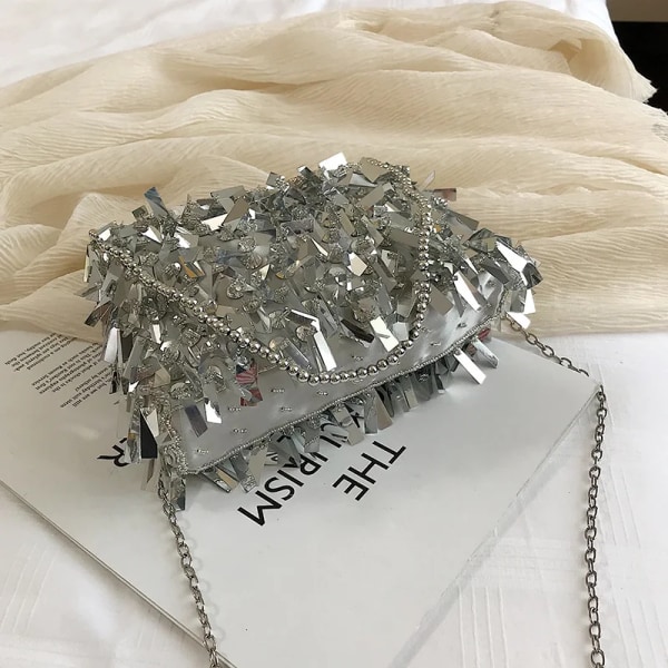 Fashion Design Luxury Silver Sequin Rhinestone Tassel Women Small Shoulder Bags Chain Elegant Ladies Party Evening Clutch Purse