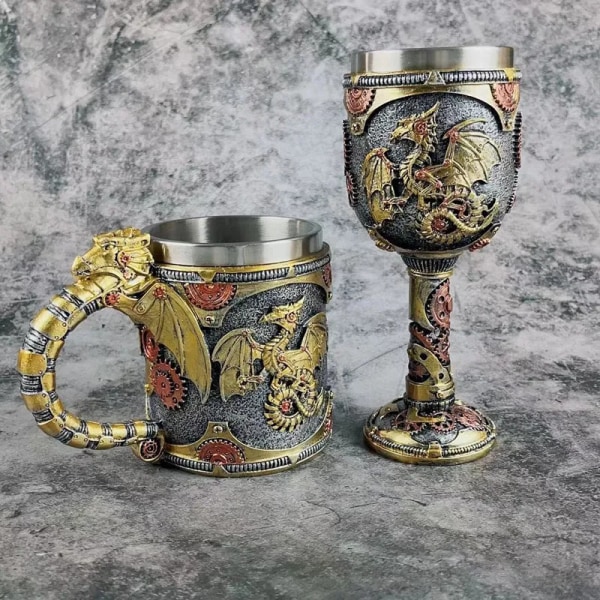 Creative 3D Mechanical Dragon Scale Beer Mug Large Capacity Coffee Cup Vintage Goblet 304 Stainless Steel Resin Bar Wine Glass