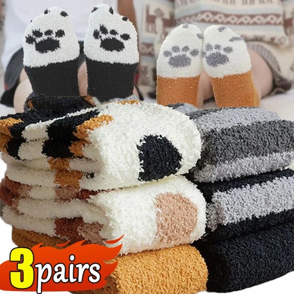 1/3Pairs Kawaii Cartoon Socks for Women Cute Cat Paw Pattern Female Fleece Warm Funny Animal Dot Socks Home Floor Sleeping Sock