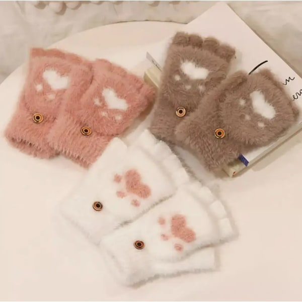 Women Girls Lovely Winter Warm Fingerless Gloves Girls Fluffy Bear Cat Plush Paw Claw Half Finger Gloves Mittens Gifts New 2023