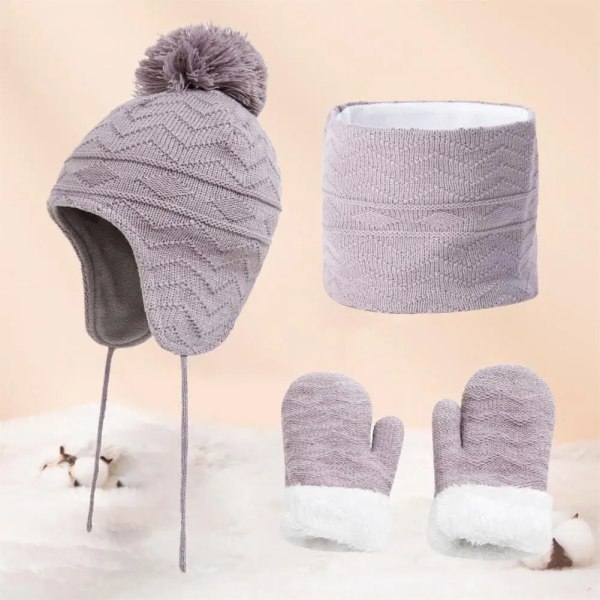 3Pcs/Set Children  s Hat Scarf Set Autumn Winter Warm Fleece Knitted Plush Ball Hat Mittens Suit for Boys Girls 2021 Kids Clothes
