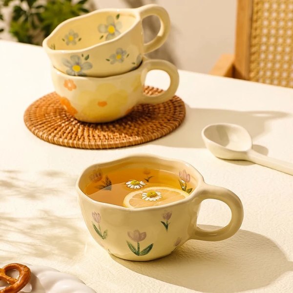 GIANXI Ceramic Mugs Hand Pinched Irregular Flower Sculpt Coffee Cups Ins Korean Style Oatmeal Breakfast Cup Drinkware