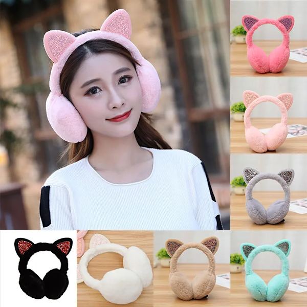 Lovely Women Girl Fur Winter Ear Warmer Cute Earmuffs Cat Ear Muffs Glitter Sequin Earflaps Soft Plush Headphones Warm Headband