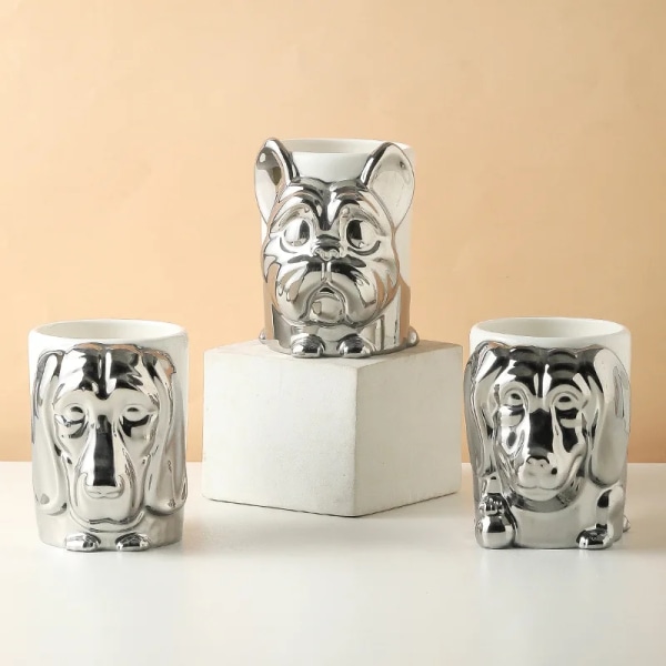 Creative Gold Plated Silver Dog Ceramic Mug Cartoon Animal Tea Cup Couple Gift Stereo Dog Coffee Cup Oatmeal Mug Home Decoration