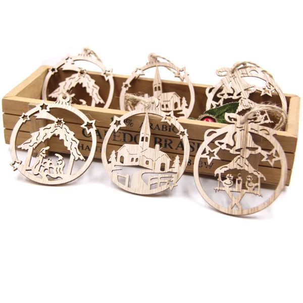 6PCS Christmas Wooden Pendants Creative Hollow Hanging Ornaments Wood Craft for Christmas Tree Decor Kids Gifts DIY Paingting