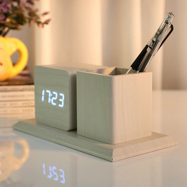 Digital Alarm Clock Led Time Display With Wooden Pen Holder Desk Alarm Clock