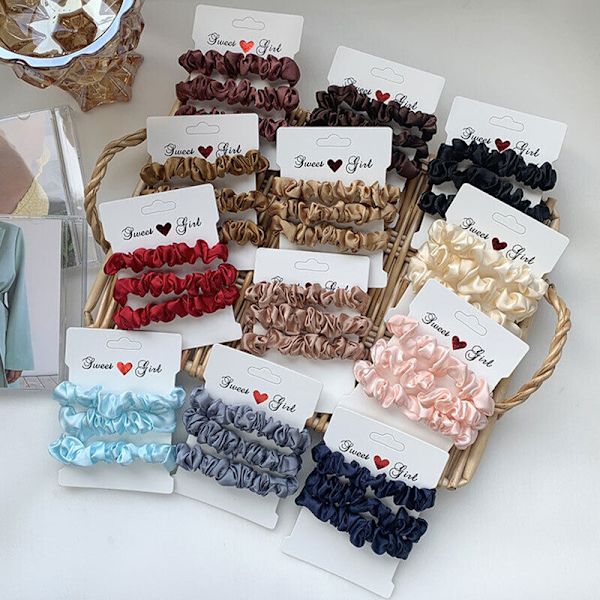 3Pcs/Set Silky Satin Hair Scrunchies Elastic Solid Color Hair Tie Rope Hair Ring