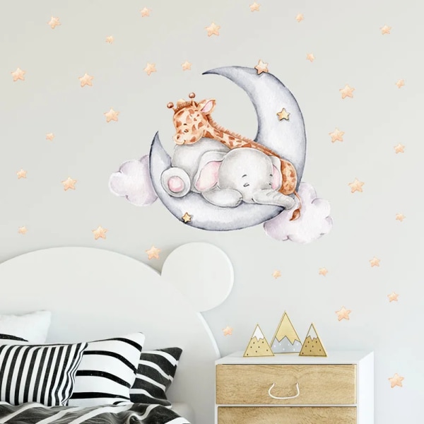 Cartoon Elephant Giraffe Sleeping Wall Stickers Moon Decorative Wall Decals Baby Nursery Animal Stickers for Bedroom Kids Room