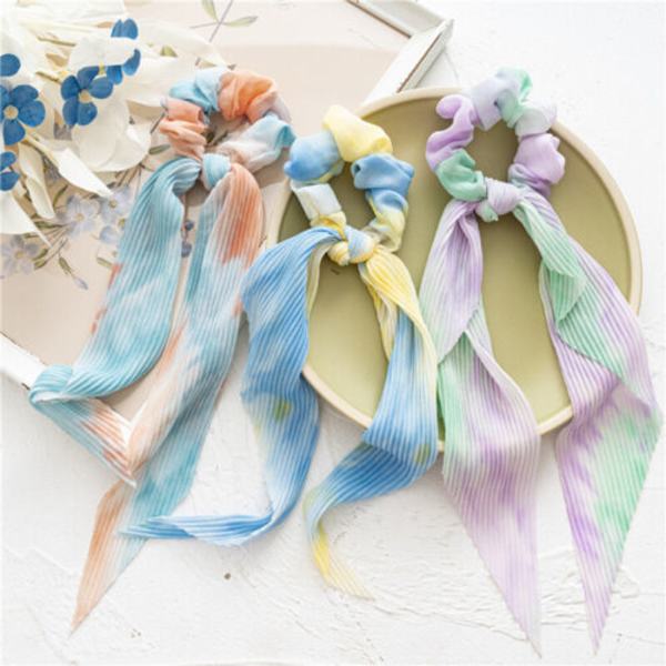 Gradient Elastic Hair Band Bow Long Ribbon Ponytail Scarf Tie Soft Pleated Sweet