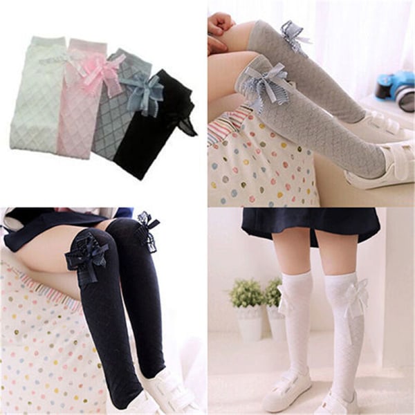 5pairs  Girl Classic Kids Cotton Socks Tights School High Knee Gridding Bow Stockings`