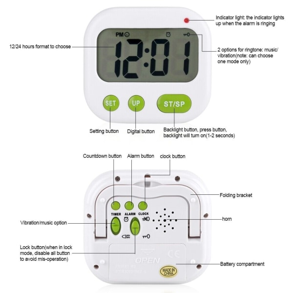 Alarm Clock Vibration Alarm Clock Digital LCD Lock Function Electronic Timer
