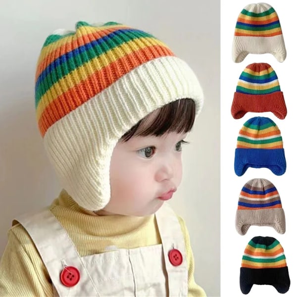 Vinter babystickad mössa koreansk randig regnbågsmössa för småbarn Pojkar Flickor Färgglada barn Varma hörselskydd mössor motorhuv