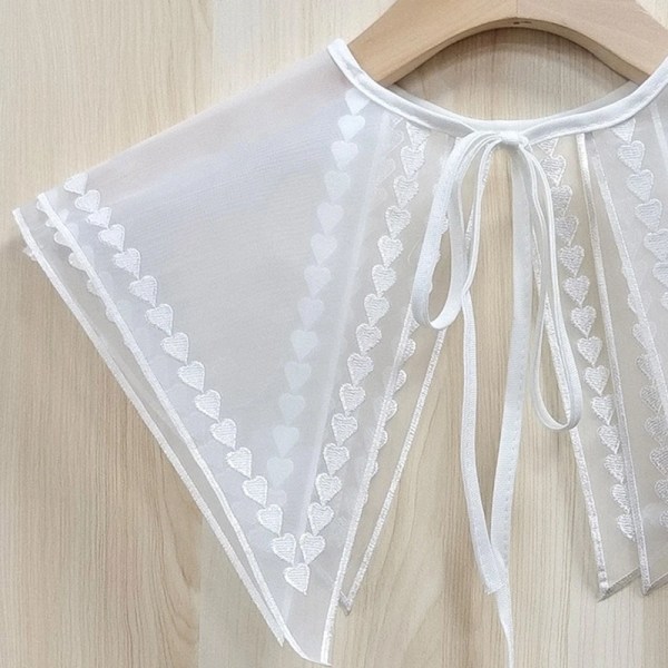 Women Girls Sweet Double Layer Chiffon Fake Collar Shawl Preppy Style Love Heart Embroidery Trim Lace-Up Scarf Capelet