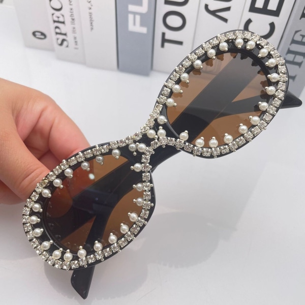 Women Oval Sunglasses UV400 Bling Pearl Rhinestone Elegant Personalized Party H