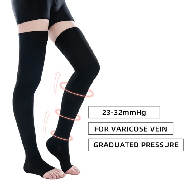 A Pair of Thigh High Medical Compression Socks Elastic Non-slip Open Toe Lymphedema Anti-varicose Veins Fast Healing 23-32mmHg