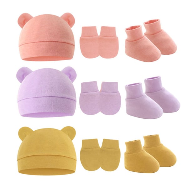 3pcs/lot Newborn Baby Cotton Beanie Hats And Gloves Set Cute Bear Cotton Fall Casual Stretchy Infant Warm Cap Gloves Fashion