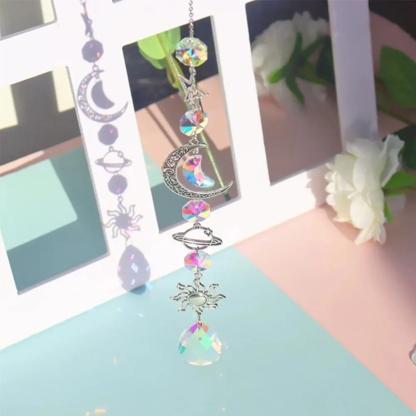 1pc Crystal Wind Chime Moon Sun Catcher Diamond Prisms Pendant Dream Catcher Rainbow Hanging Drop Home Garden Decor Windchime