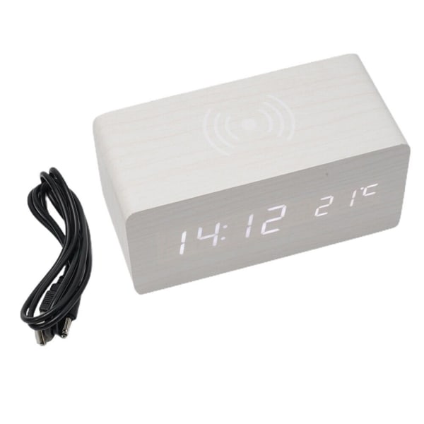 Wooden Digital Clock with Wireless Phone Charger Alarm and Temperature Readout