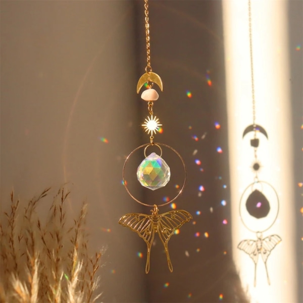 Crystals Wind Chime Suncatcher Golden Butterfly Pendant Rainbow Prism Stained Glass Ornament Chakras Crafts Home Garden Decor