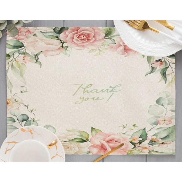 WaterColor Vintage Rose Flower Dining Mat Fresh Abstract Green Leaf Branch Garland Print Linen Placemat for Table Drink Coaster