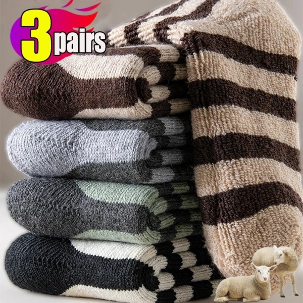3pairs Winter Men's Merino Wool Socks Super Thick Warm High Quality Harajuku Sports Snow Casual Striped Cashmere Socks for Men