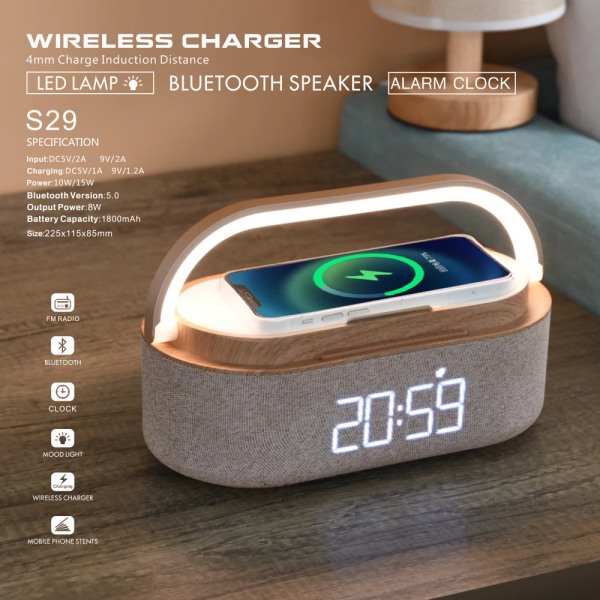Bluetooth Speaker Digital Alarm Clock with Wireless Charger FM Clock Radio Night Light Dual Wireless Speakers Home Bedside