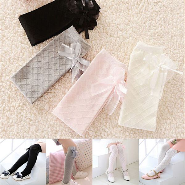 Girl Classic Kids Cotton Socks Tights School High Knee Gridding Bow Stockings..u