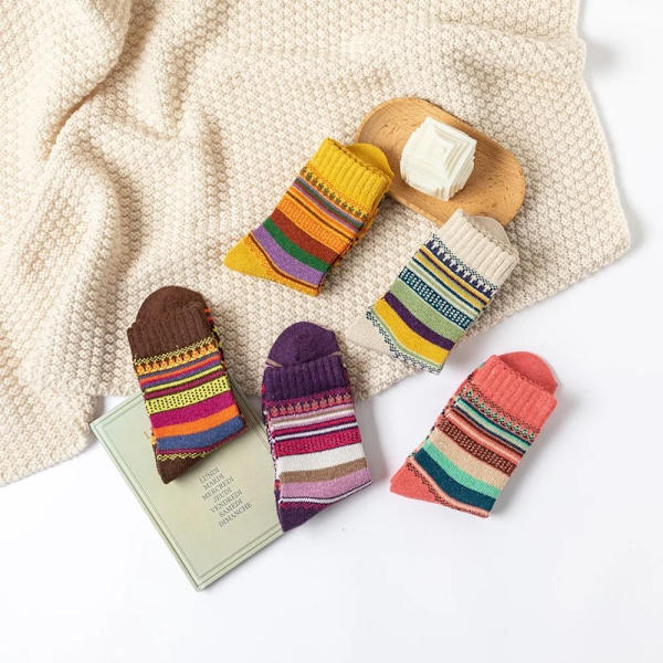 5 Pairs Autumn and Winter Cute Colorful Striped Women Warm Rabbit Wool Socks