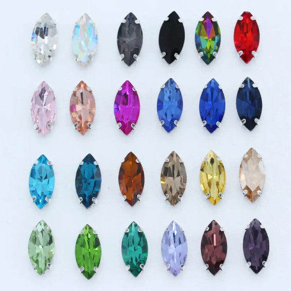 All size 24-colors Navette crystal glass Flatback sew on rhinestone stones montees silver claw button for jewelry DIY Garment