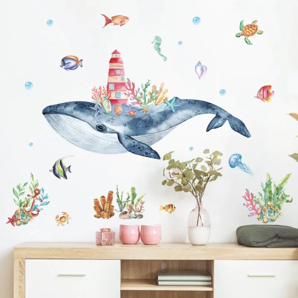 Undersea Whale Wall Stickers for Children Kids rooms Wall Decor Cartoon Lighthouse PVC Wall Decals Home Decoration Art Murals