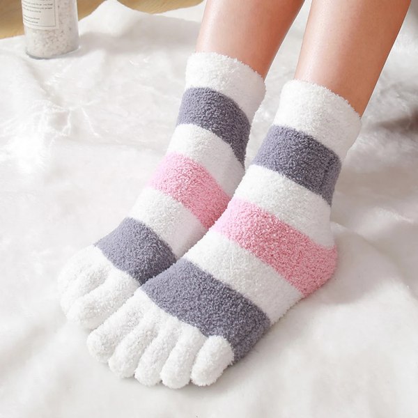 Women's Thick Five Finger Socks Winter Warm Coral Fleece Fluffy Toe Socks Striped Soft Cozy Hosiery Girls Female Floor Slippers