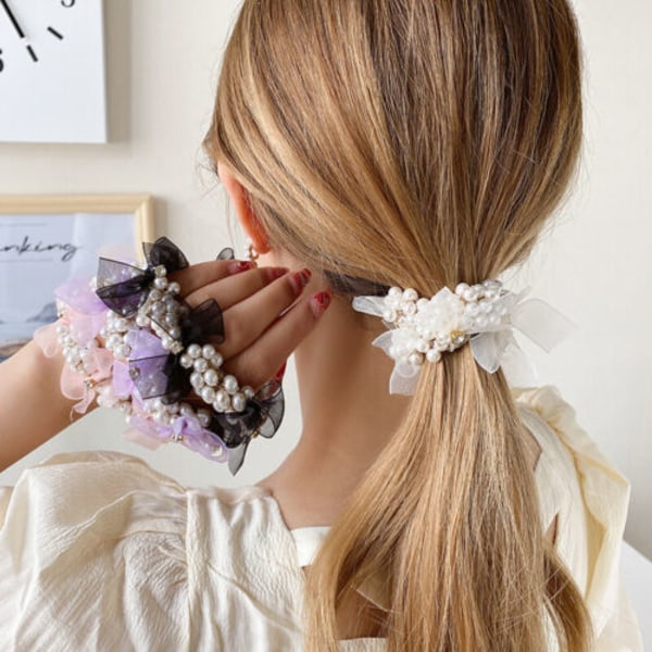 Women's Pearls Chiffon Bow Elastic Hair Band Sweet Ponytail Hair Tie Scrunchie