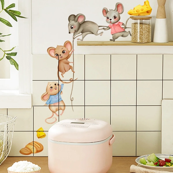 Little Mouse Moving Food Sticker Kitchen Kids Room TV Background Wall Decor Cartoon Mice Cooperate To Move Food Wall Stickers
