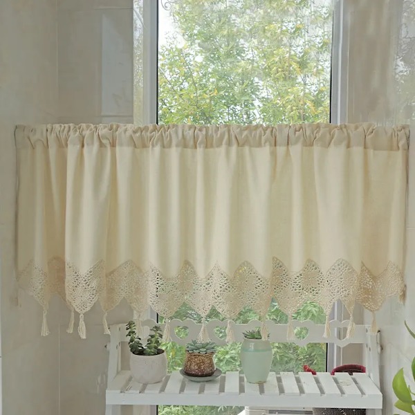 1Pc Home Decorative Simple Style Cotton Linen Fabric Handmade Crocheted Splicing Short Curtain Kitchen Curtain Cabinet Curtain