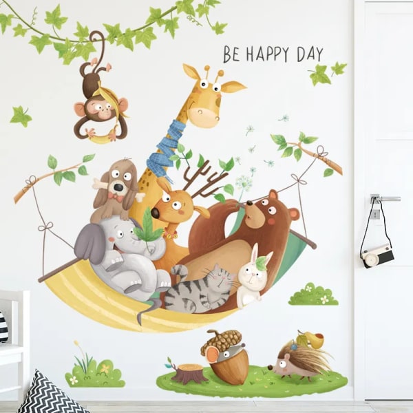 Cartoon Animals Hammock Wall Sticker Nursery Kids rooms Wall Decor Eco-friendly Vinyl Wall Decals Art DIY Home Wall Decoration