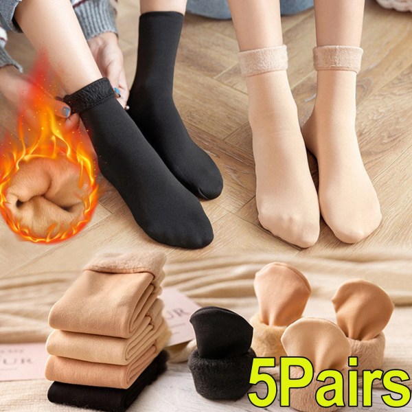 5Pairs Women's Winter Boots Thermal Wool Cashmere Socks Warm Solid Fleece Lined Sock for Female Home Thicken Floor Stocking
