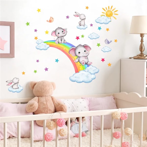 Rainbow Elephant Wall Sticker For Kids Baby Room Bedroom Elephant Decals Sticker For Children Room Cartoon Nursery Wallpaper