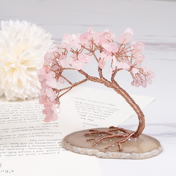 Rose Quartz Crystal Tree with Agate Slice Base, Money Tree Figurines Fengshui Ornament for Home Office Wedding Decoration