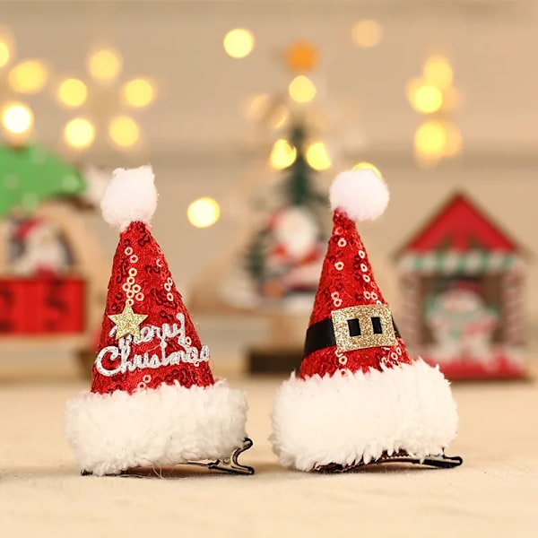 2Pairs New Christmas Hat Hair Clips Women Girls Cute Mini Hat Hairpin Kids Barrettes Xmas Elk Antler Hairpins Holiday Hair Accessories