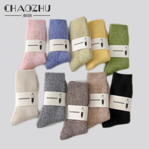 CHAOZHU Winter Wool Thicken Warm Socks For Women 3 Pairs/set High Quality Solid Colors Khaki Black White Lady Basic Sox
