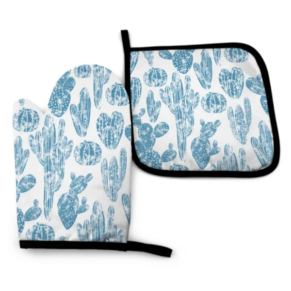 Blue Cactus Oven Mitt and Pot holder Set Heat Resistant Non Slip Kitchen Gloves with Inner Cotton Layer for Cooking BBQ Baking