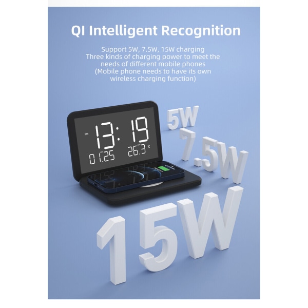 Digital LED Electric Alarm Clock With Phone Wireless Charger Thermometer Table