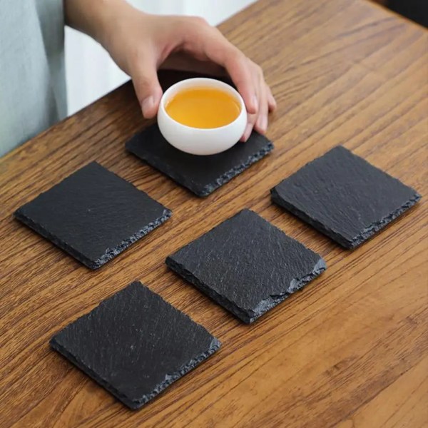 Table Stone Drink Coasters Decorative Stable Anti-scalding Home Cafe Black Natural Edges Slate Rock Drink Coaster for Gifts