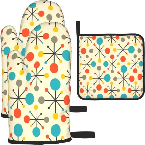 Mid Century Fifties Modern Atomic Retro Colors Oven Mitts and Pot Holders Sets Heat Resistant 3 Pcs Kitchen Sets for Kitchen