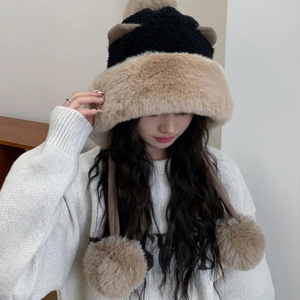 Winter Warm Knitted Hats Women Plush Fluffy Thicken Warm Fur Beanie Hat Female Cute Cartoon Bear's Ears Two Balls Earflap Cap