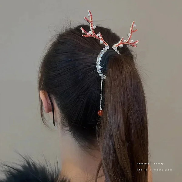 2023 New Christmas Milu Horn Tassel Horsetail Buckle Hairpin South Korea Cute  Clip Back Pan   Headwear  Jewelry