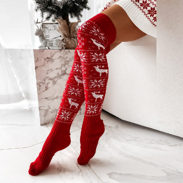 2pairs Winter Christmas Warm Knitted Women Stocking Beautiful Elk Snowflake Jacquard white and red