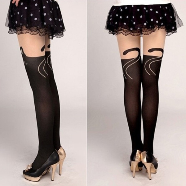 Women Sexy Cute Black Tattoo Long Socks Sheer Cartoon Cat Pantypants Stocking##u-