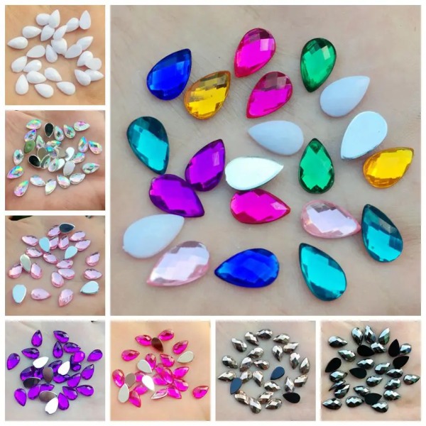 80pcs 6*10mm Tear drop Rhinestones Flat Back Acrylic Gems Crystal Stones Non Sewing Beads for DIY Clothes -HB00