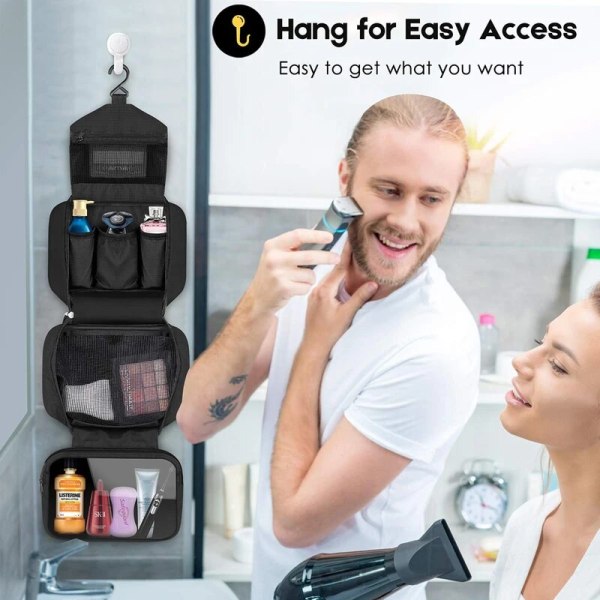 Hängande necessär Nytt rese-toalettväska tvättorganisatorsats för män Damer Kosmetika Smink Robust hängande krok duschväskor svart